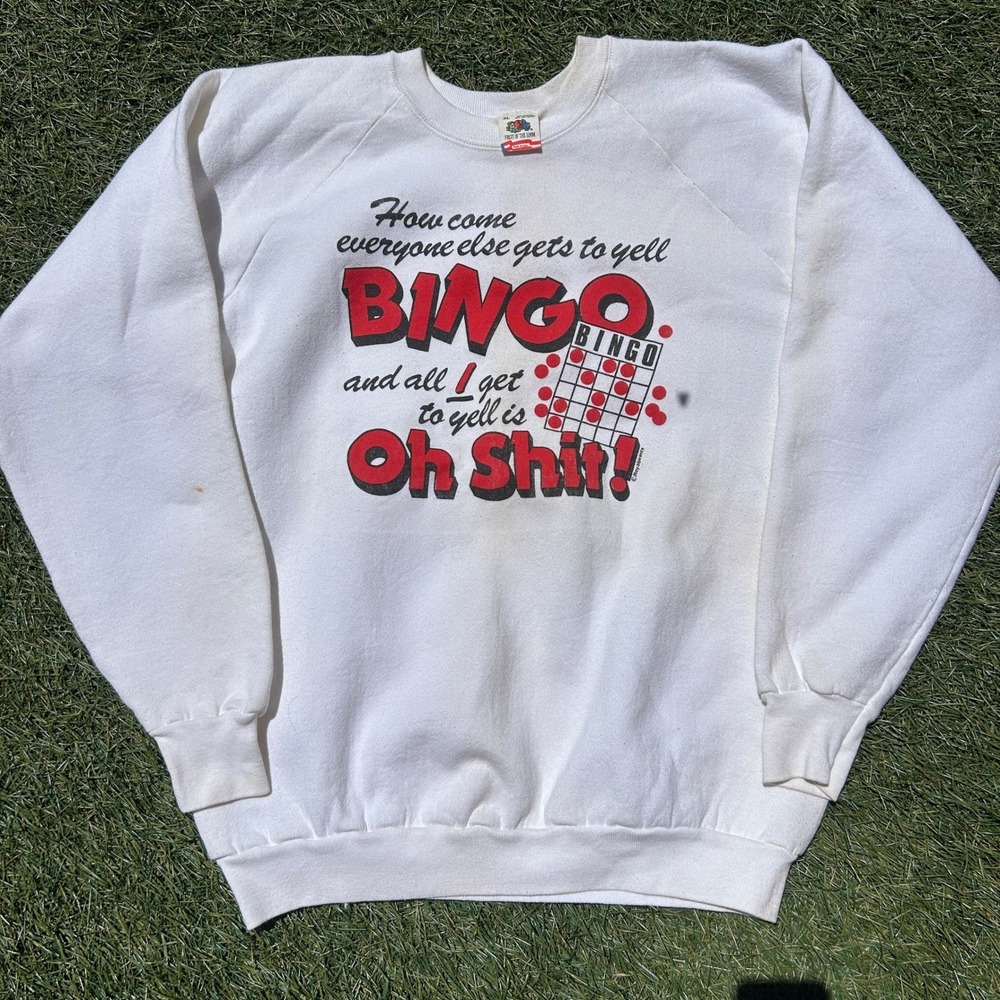 Vintage 80s Fruit of the Loom Bingo Sweatshirt XL White Funny Explicit